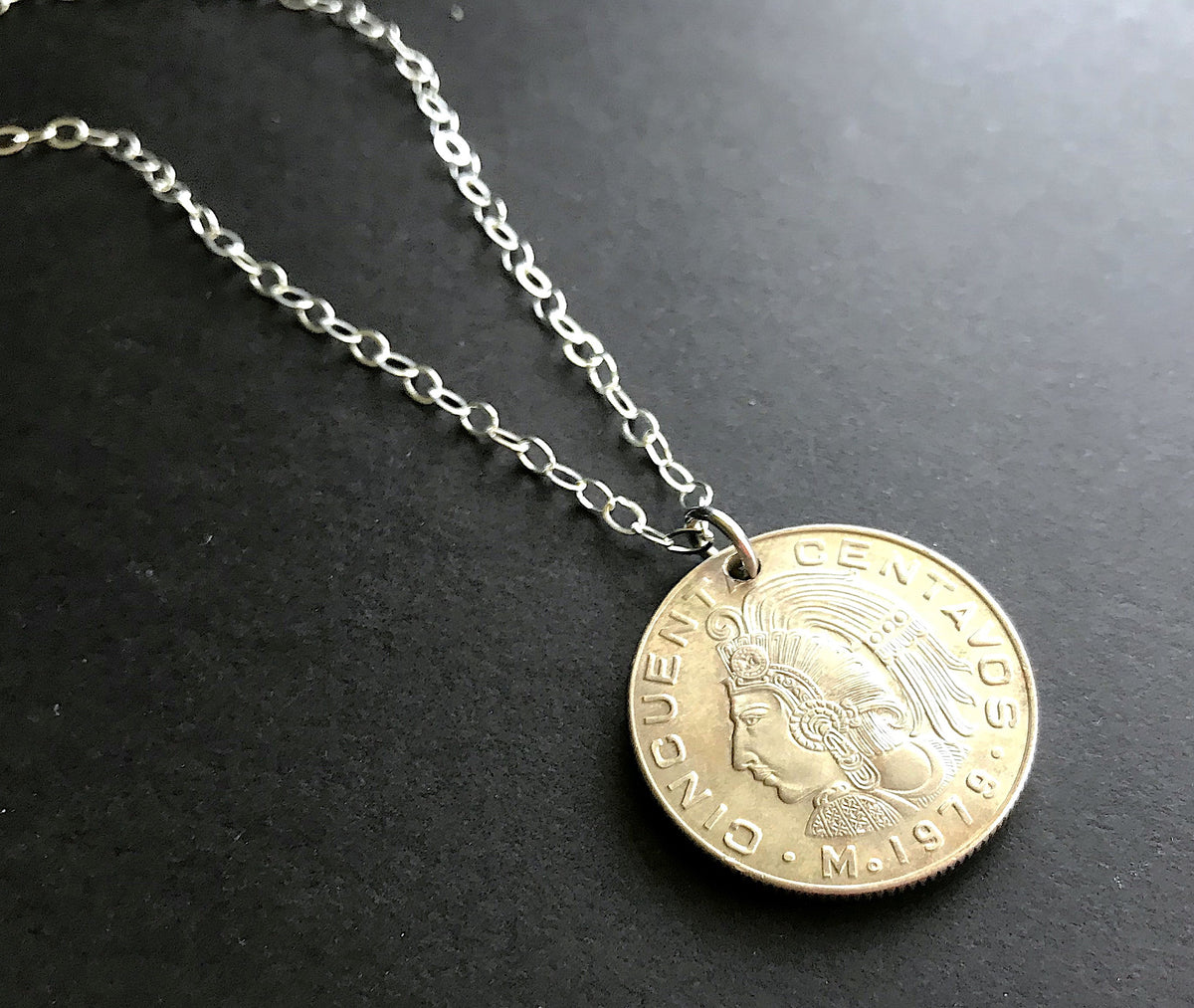 Vintage Mexican Coin Necklace, Aztec Pendant, Cuauhtemoc Jewelry